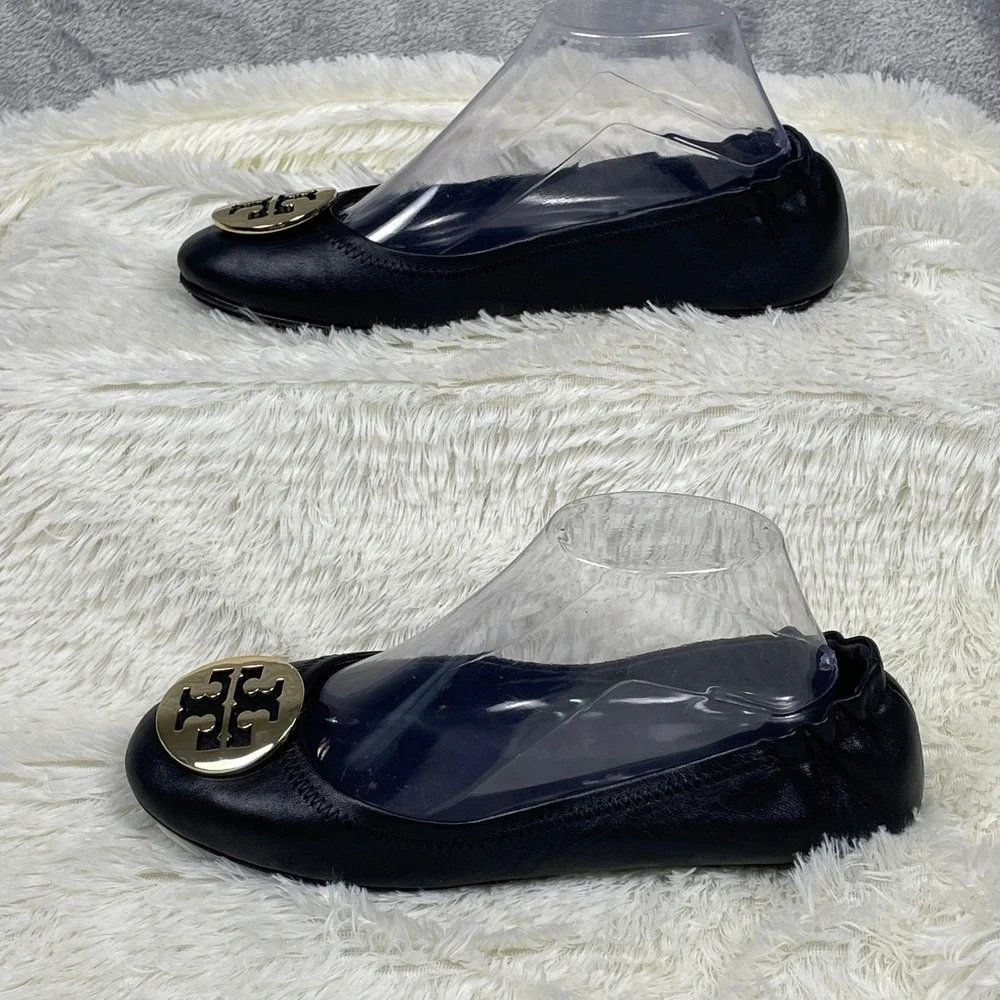 Tory Burch Minnie Travel Ballet Flats Womens 8.5M Black Good Gold Logo 6098 G19